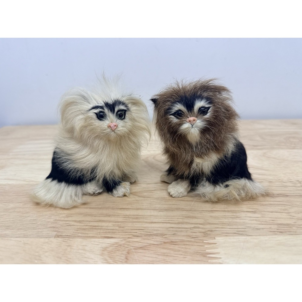 Vintage Pair of Genuine Rabbit Fur Sitting Cat Kitty Figures #9